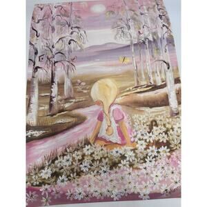 Swedish Art Print Marianne Welander Girl Spring Pink Flower Unframed 24x17” 1989